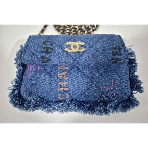 Chanel 22P Blue Denim Graffiti CC Logo Shoulder Crossbody Clutch Credit Card Bag - Picture 7 of 12